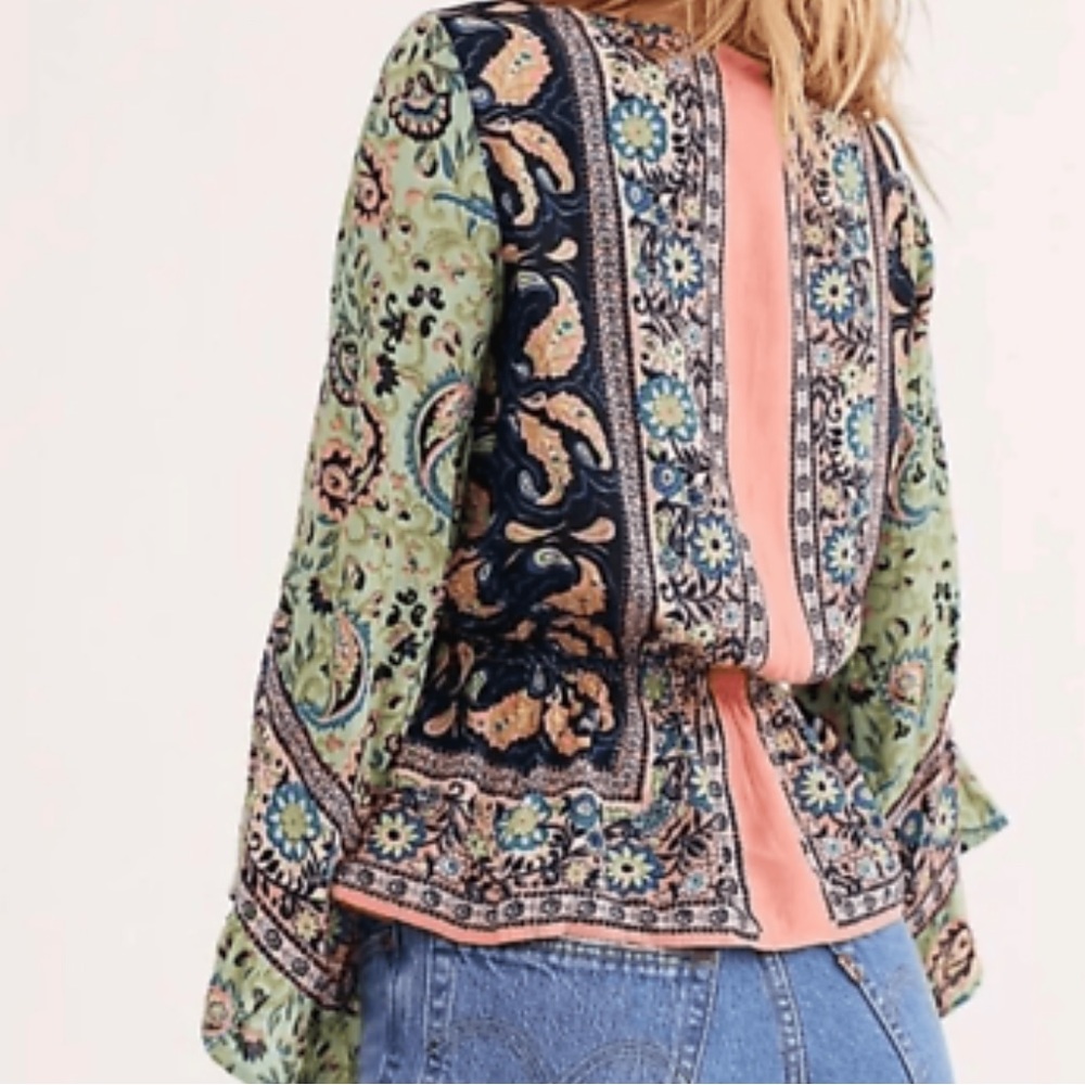 Free People Floral Paisley Wrap Blouse - Green Navy Peach - Picture 2 of 12